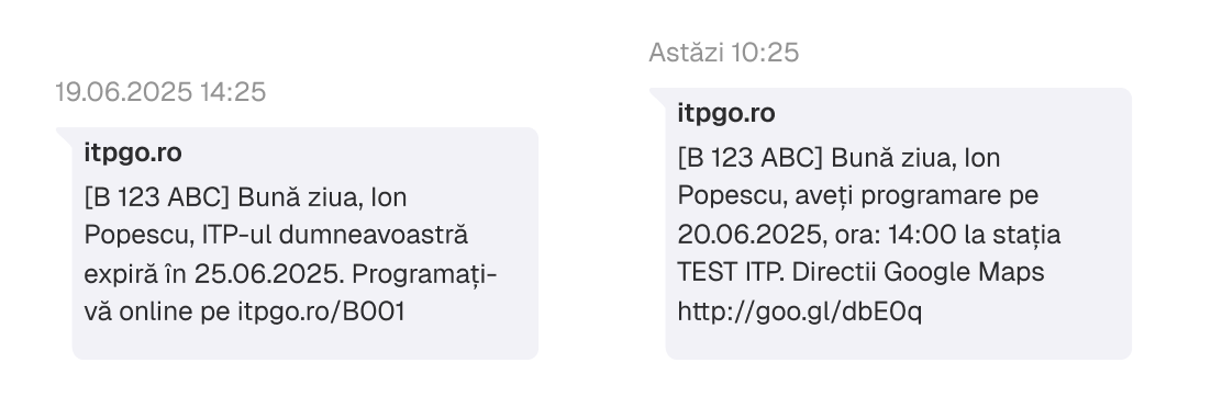 Exemplu SMS alertă expirare ITP